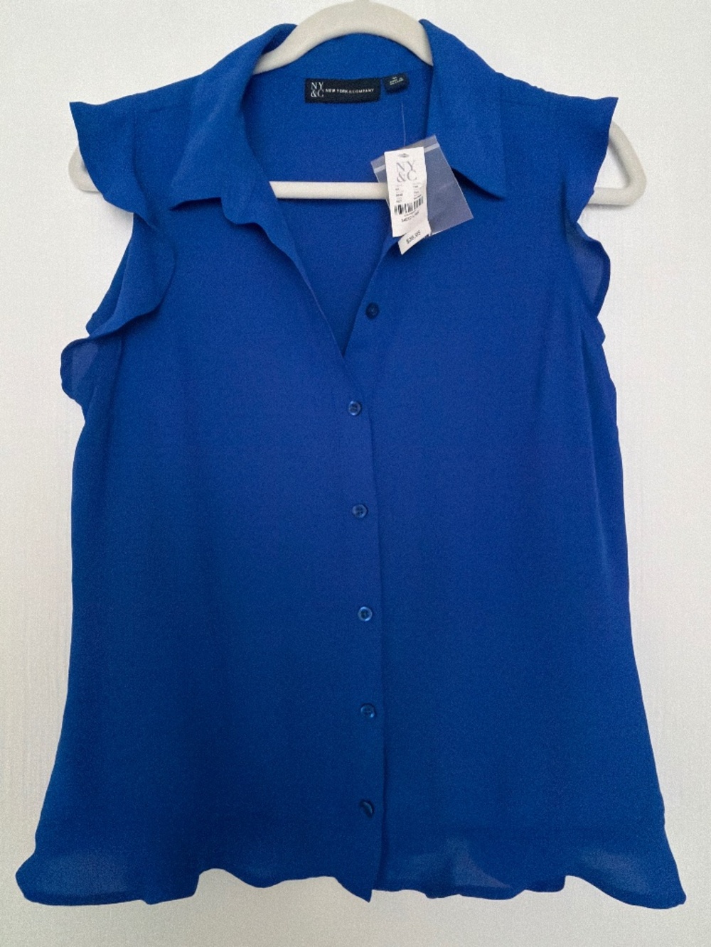 New York & Company Blue Ruffle Sleeve Button Down Blouse Size Medium NWT